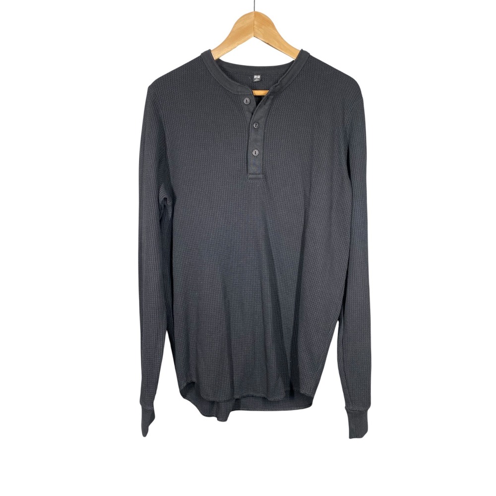 Uniqlo Henley Shirt Mens Medium Dark Gray Excellent Waffle Henley Next Gen